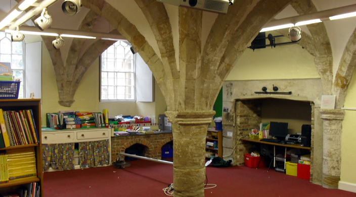 Remains of the Cathedral Priory's Guest Hall - today a nursery classroom of Durham's Chorister School. 